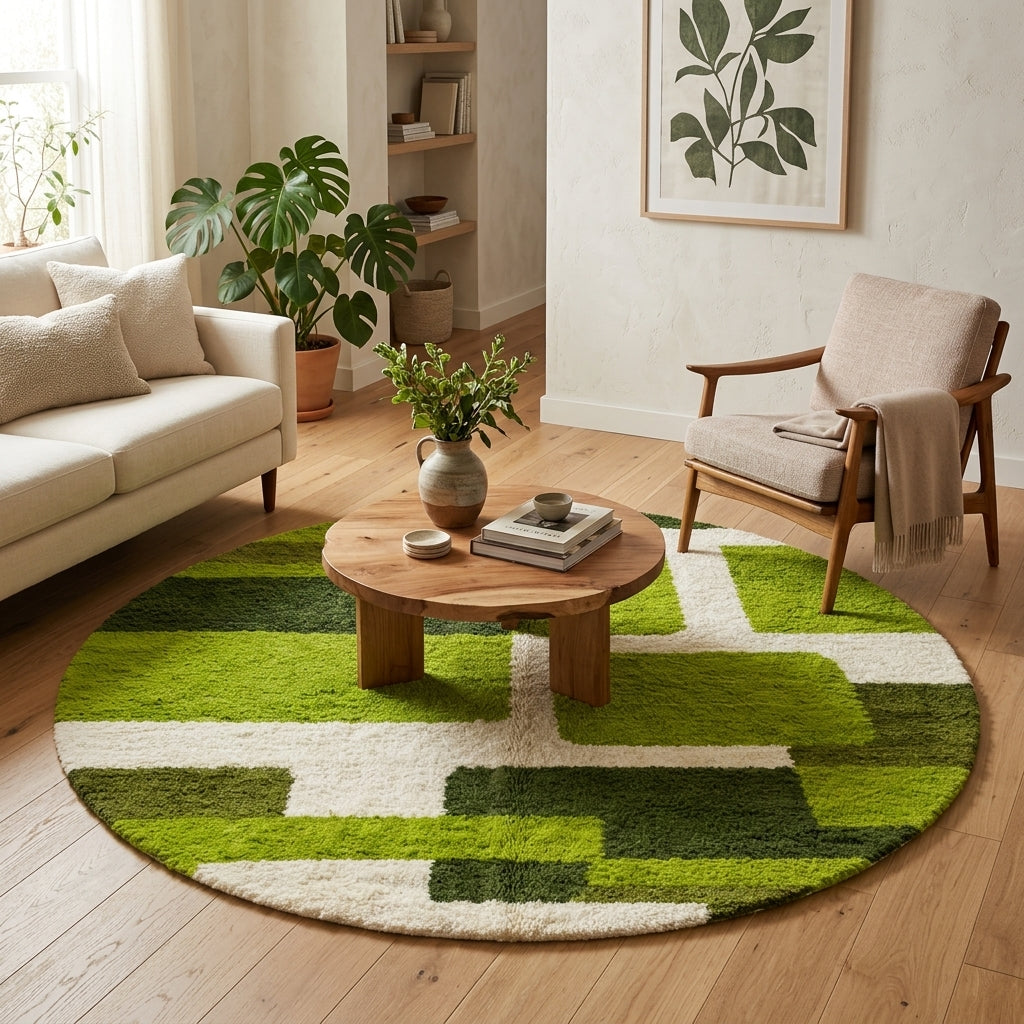 Shop a handmade round green Moroccan wool rug featuring a modern abstract geometric design. Soft, unique, and perfect for stylish contemporary interiors.
