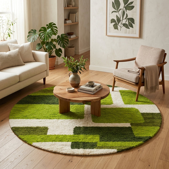 Shop a handmade round green Moroccan wool rug featuring a modern abstract geometric design. Soft, unique, and perfect for stylish contemporary interiors.