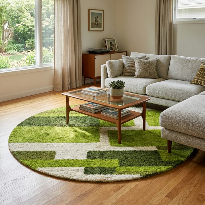 Shop a handmade round green Moroccan wool rug featuring a modern abstract geometric design. Soft, unique, and perfect for stylish contemporary interiors.
