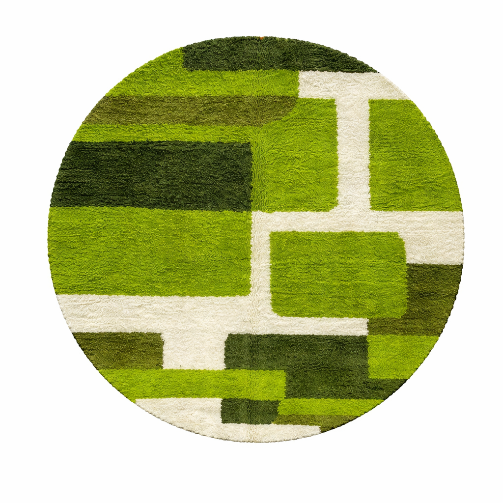 Shop a handmade round green Moroccan wool rug featuring a modern abstract geometric design. Soft, unique, and perfect for stylish contemporary interiors.