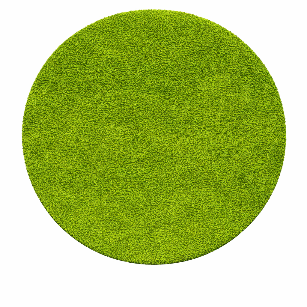 Round green Moroccan wool rug with minimalist shag texture on white background