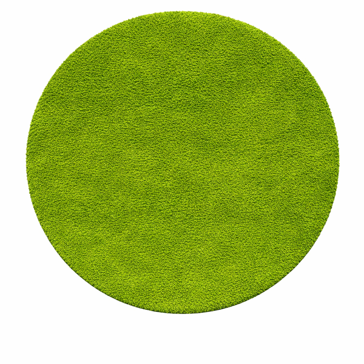 Round green Moroccan wool rug with minimalist shag texture on white background