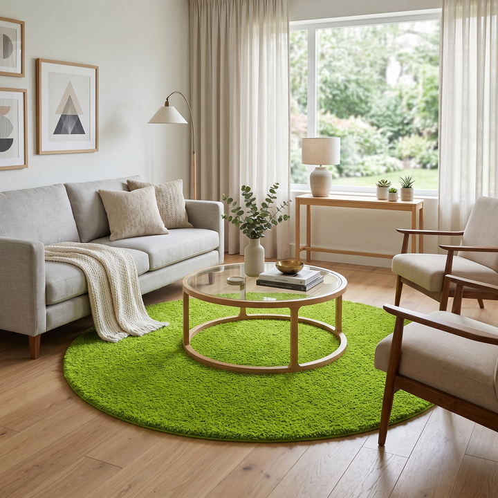 Round handmade Moroccan wool rug in a vibrant green shade, featuring a plush high-pile shag texture and minimalist solid-color design. Circular shape with a soft, cozy surface, perfect for modern