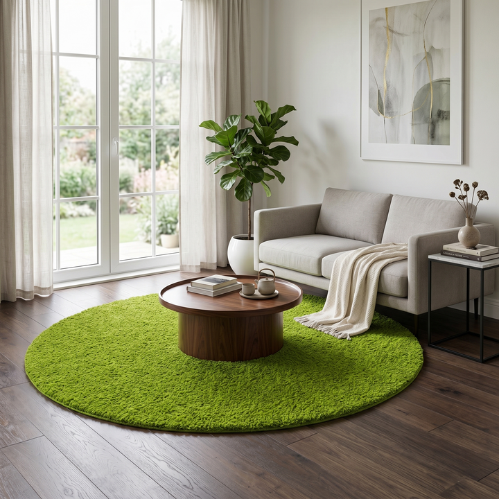 Round handmade Moroccan wool rug in a vibrant green shade, featuring a plush high-pile shag texture and minimalist solid-color design. Circular shape with a soft, cozy surface, perfect for modern