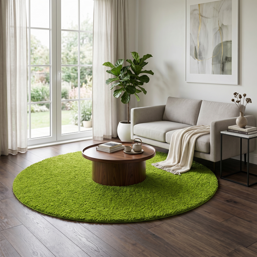Round handmade Moroccan wool rug in a vibrant green shade, featuring a plush high-pile shag texture and minimalist solid-color design. Circular shape with a soft, cozy surface, perfect for modern