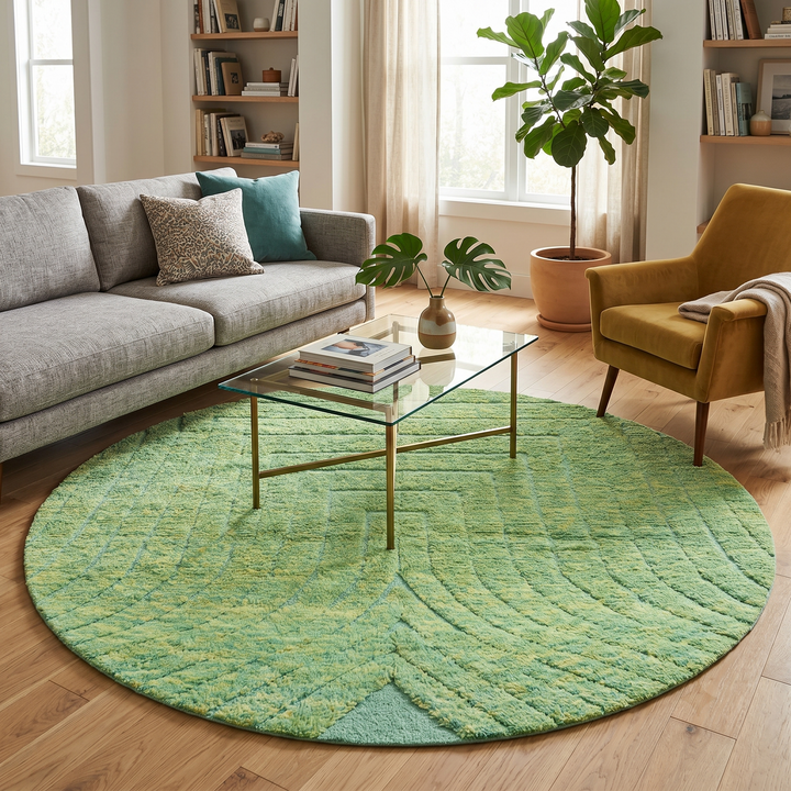 Round handmade Moroccan wool rug in soft sage green tones