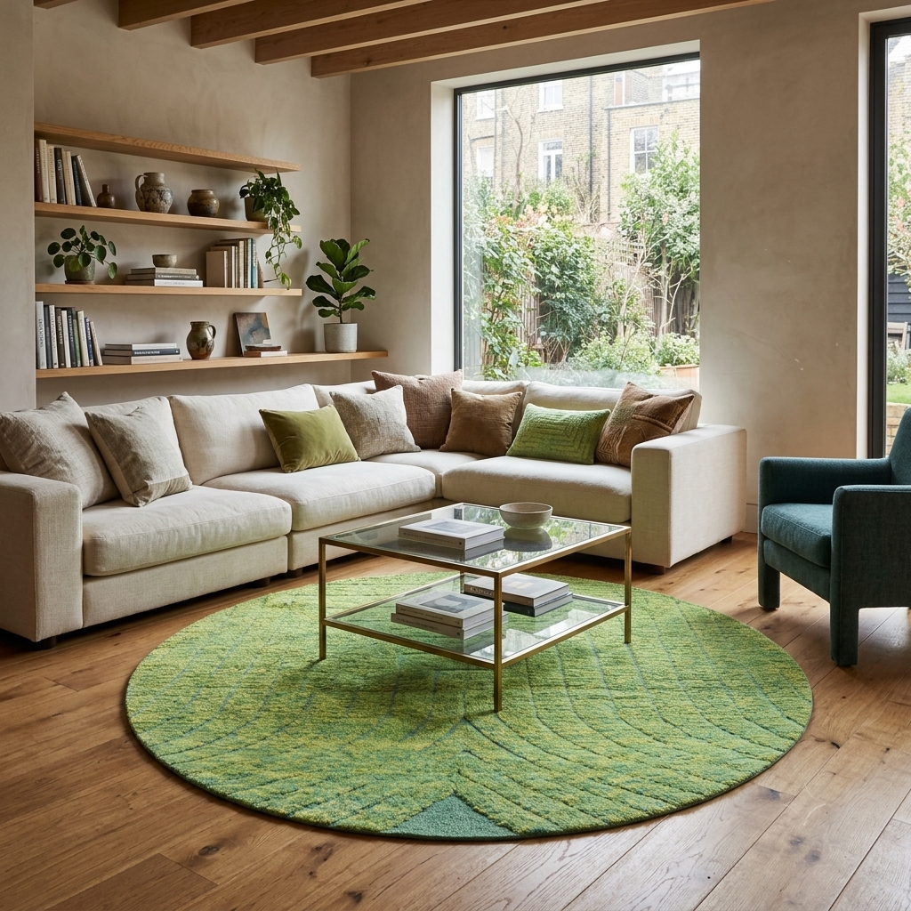Round handmade Moroccan wool rug in soft sage green tones