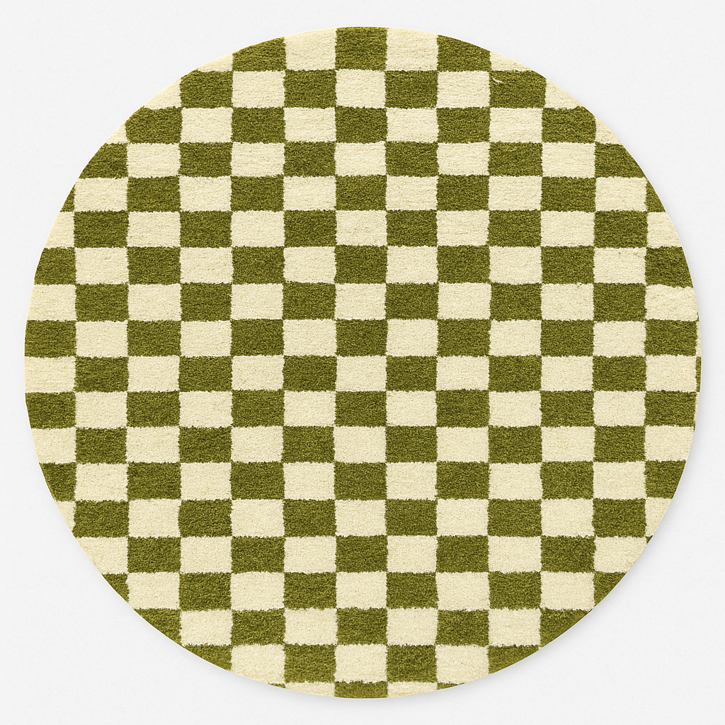 Round Moroccan rug with green and white checkerboard pattern