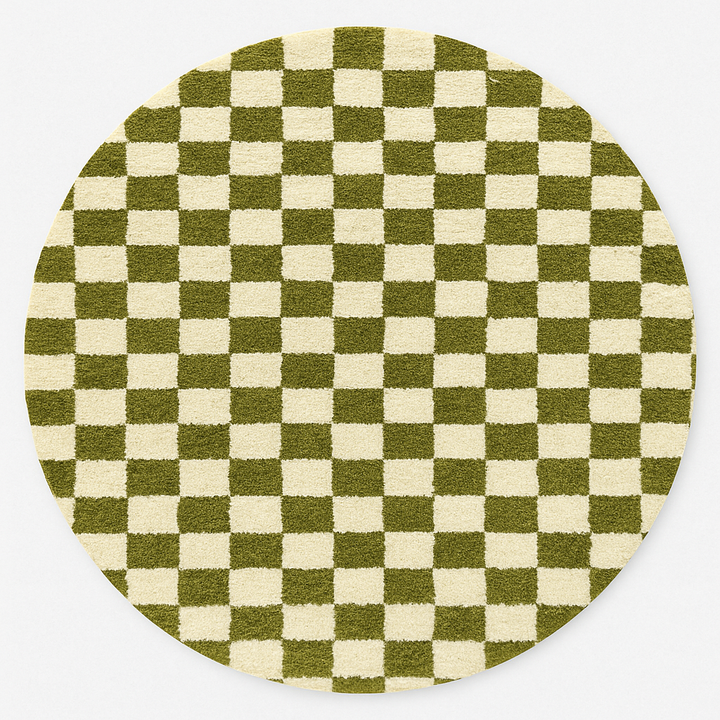 Round Moroccan rug with green and white checkerboard pattern