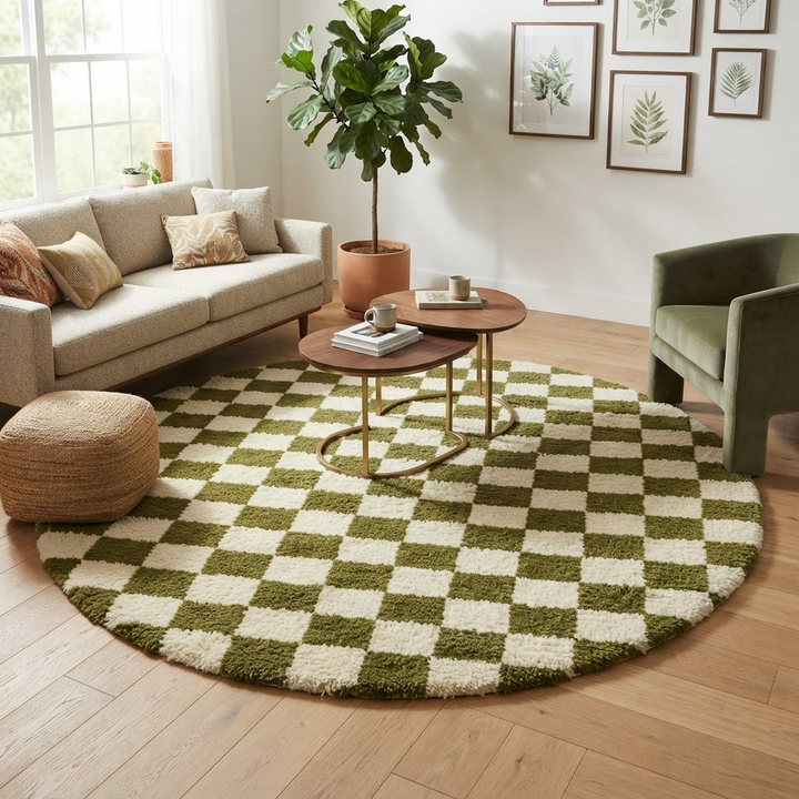 Round Moroccan rug with green and white checkerboard pattern