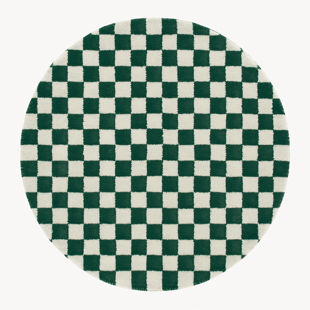 Round green and white checkered Moroccan wool rug