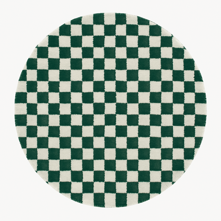 Round green and white checkered Moroccan wool rug