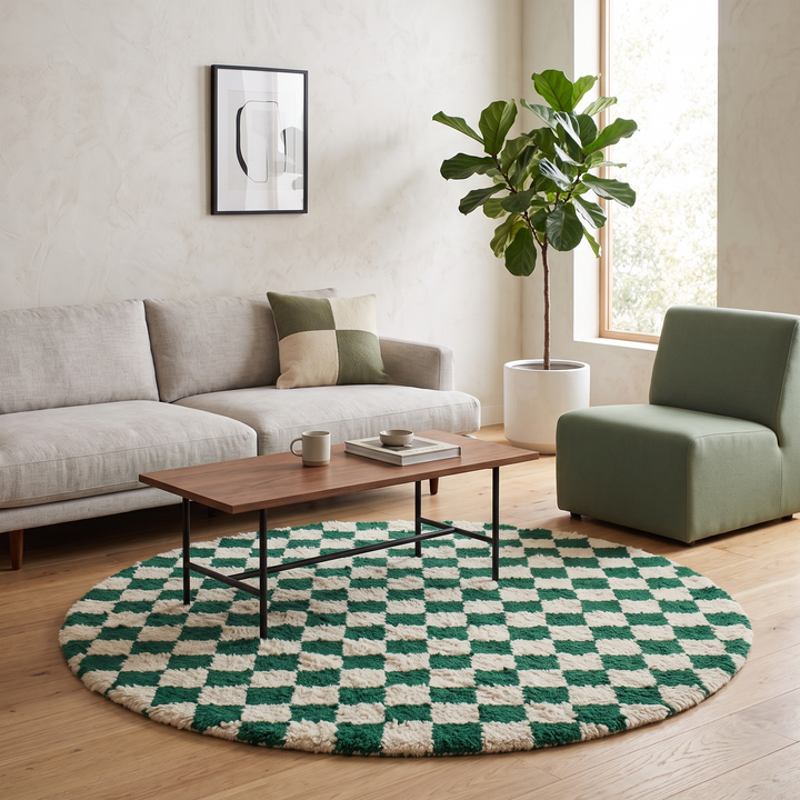 Round green and white checkered Moroccan wool rug