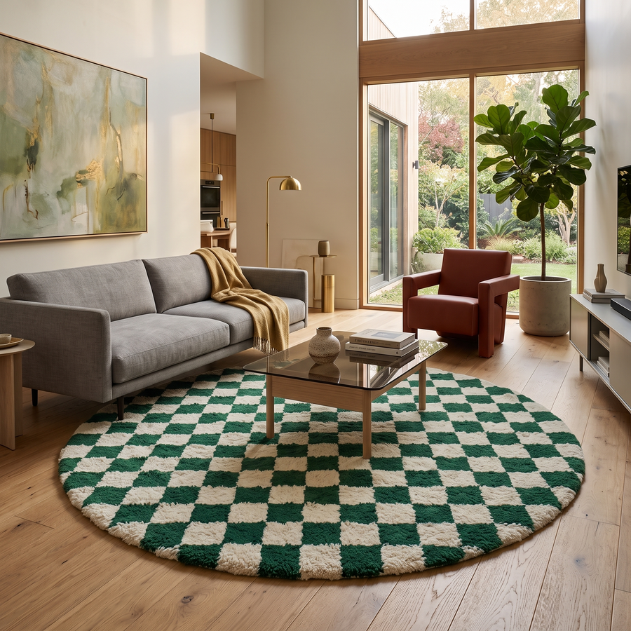 Round green and white checkered Moroccan wool rug