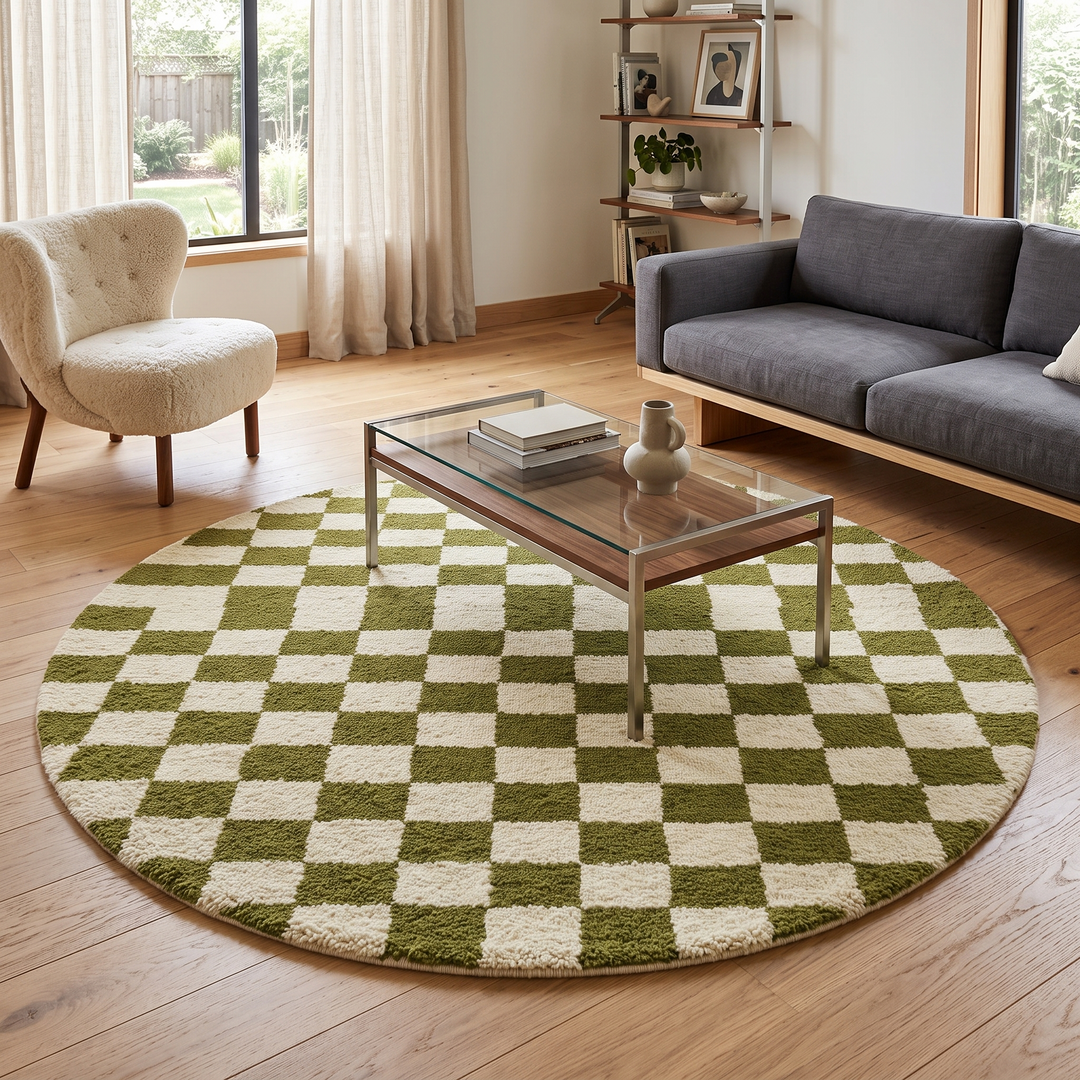 Round Moroccan rug with green and white checkerboard pattern