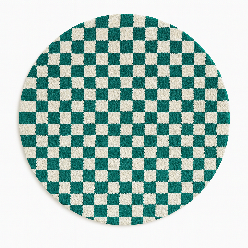 Round green and white checkered Moroccan wool rug, handmade.