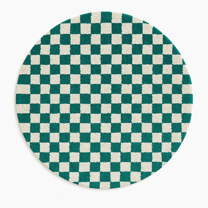 Round green and white checkered Moroccan wool rug, handmade.