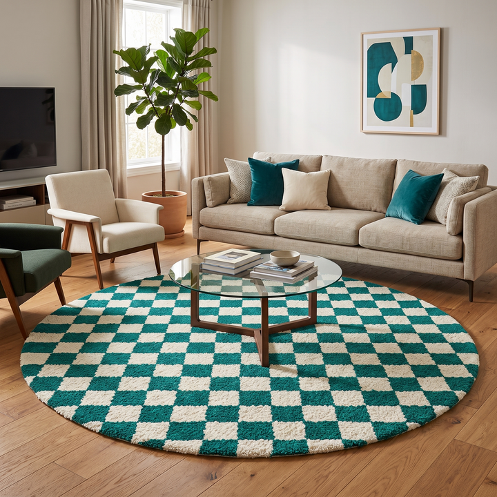 Round green and white checkered Moroccan wool rug, handmade.