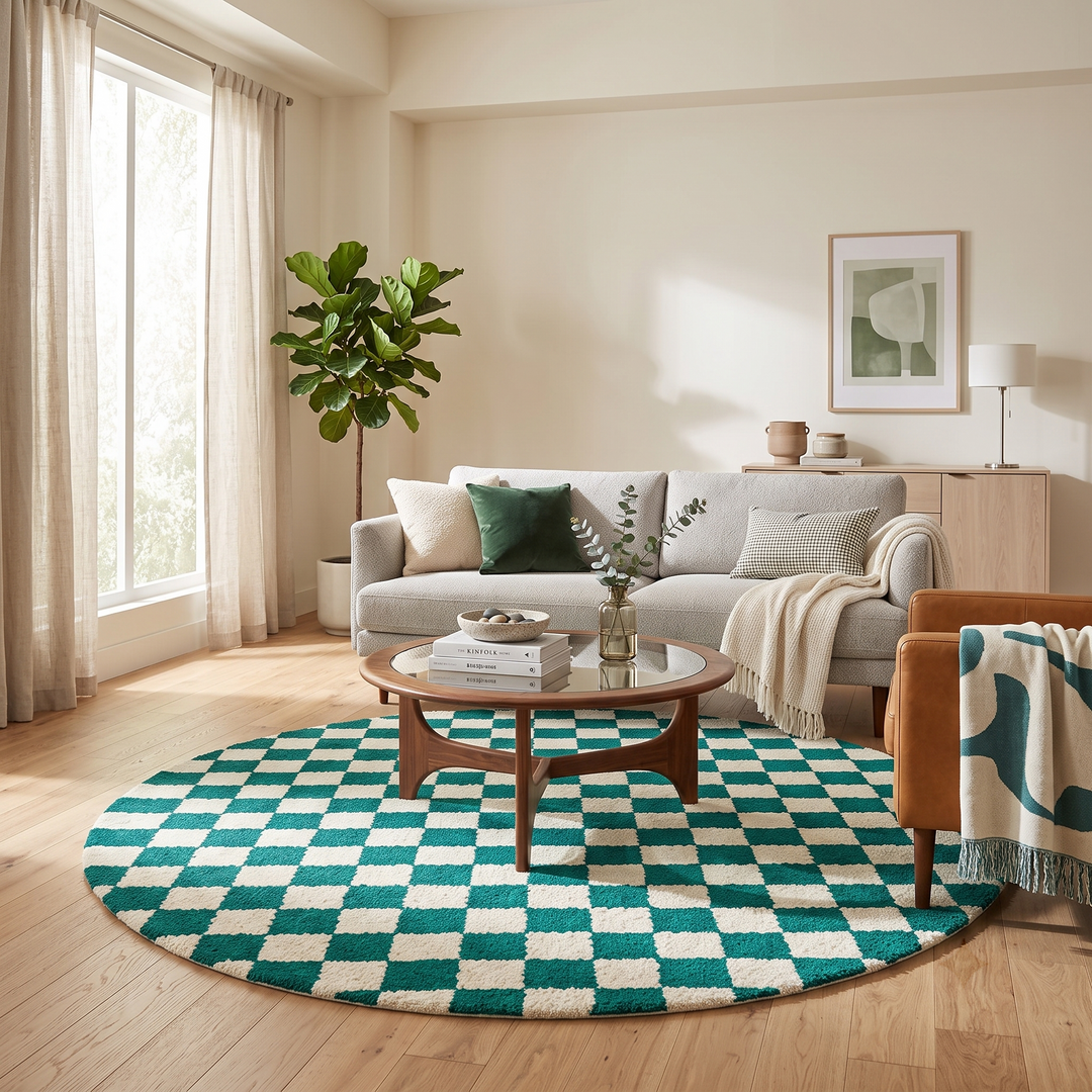 Round green and white checkered Moroccan wool rug, handmade.