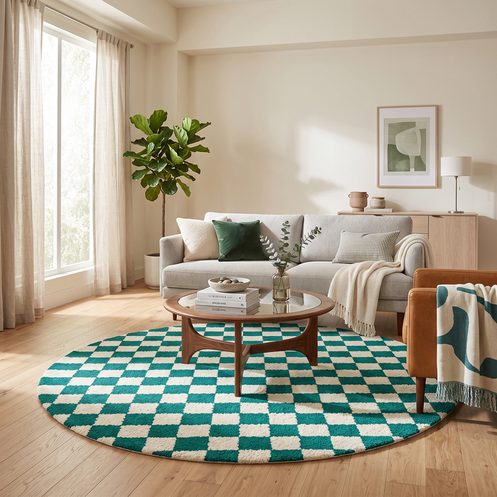 Round green and white checkered Moroccan wool rug, handmade.
