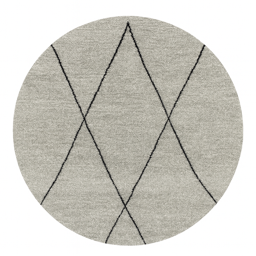 Round grey Moroccan wool rug with minimalist black diamond Beni Ourain lines handmade by Berber artisans