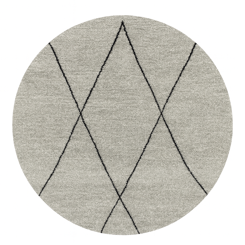 Round grey Moroccan wool rug with minimalist black diamond Beni Ourain lines handmade by Berber artisans