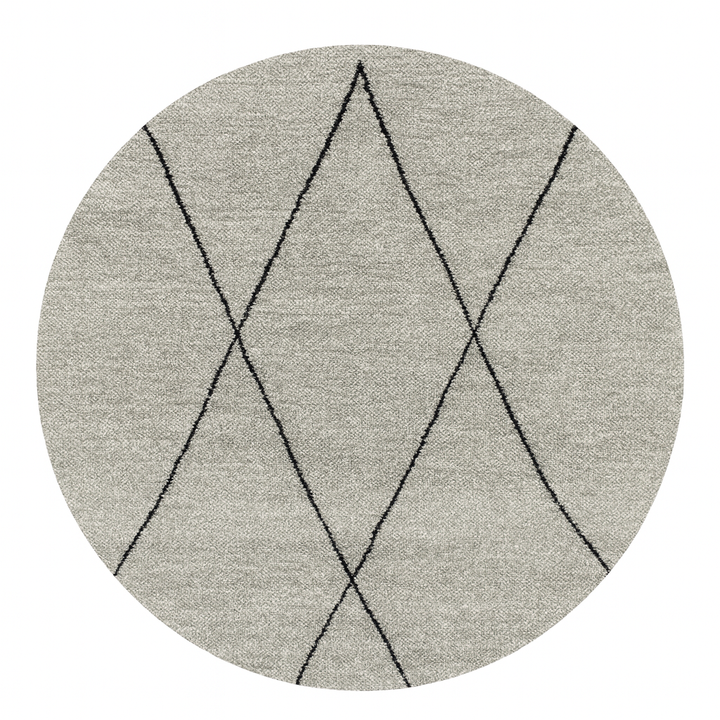 Round grey Moroccan wool rug with minimalist black diamond Beni Ourain lines handmade by Berber artisans