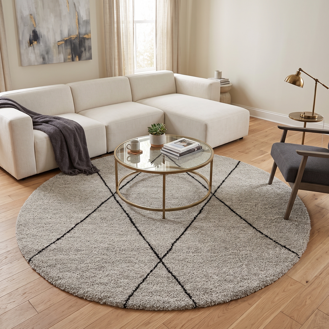 Round grey Moroccan wool rug with minimalist black diamond Beni Ourain lines handmade by Berber artisans