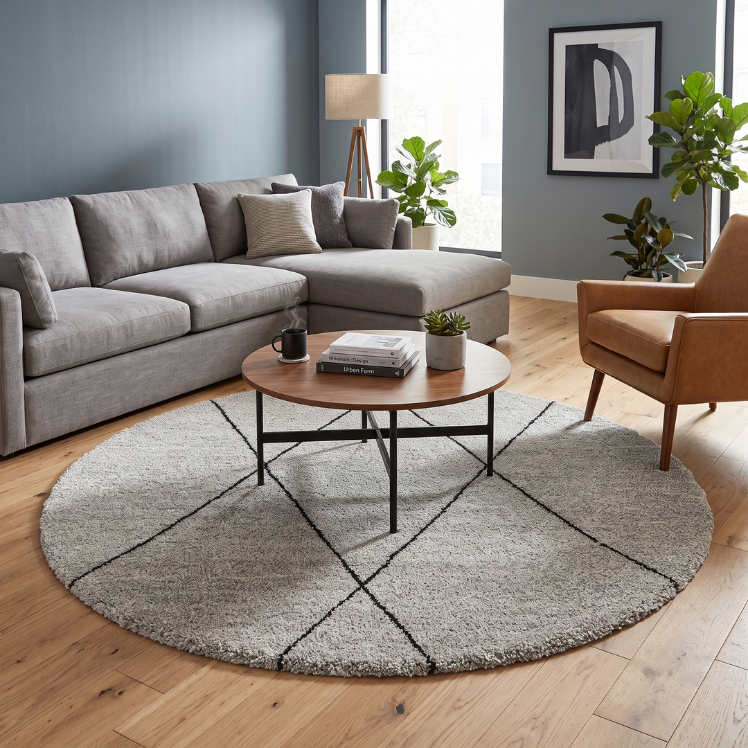 Round grey Moroccan wool rug with minimalist black diamond Beni Ourain lines handmade by Berber artisans