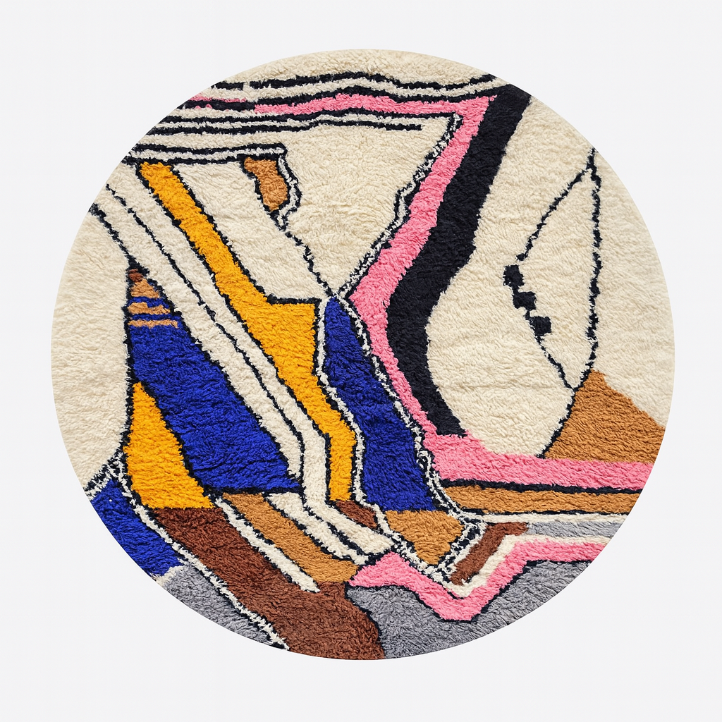 Round Moroccan wool rug with colorful abstract artistic pattern on a cream base