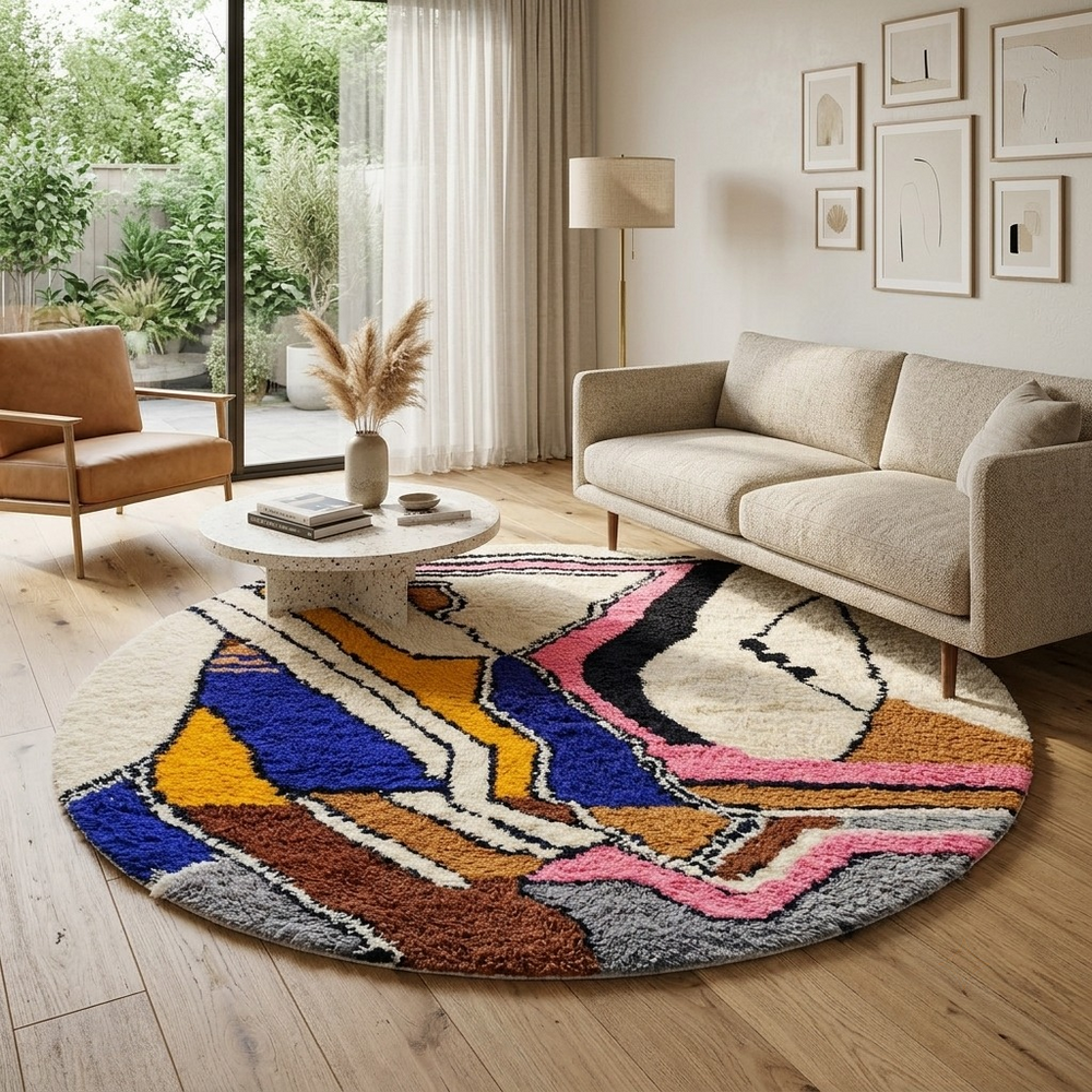 Round Moroccan wool rug with colorful abstract artistic pattern on a cream base