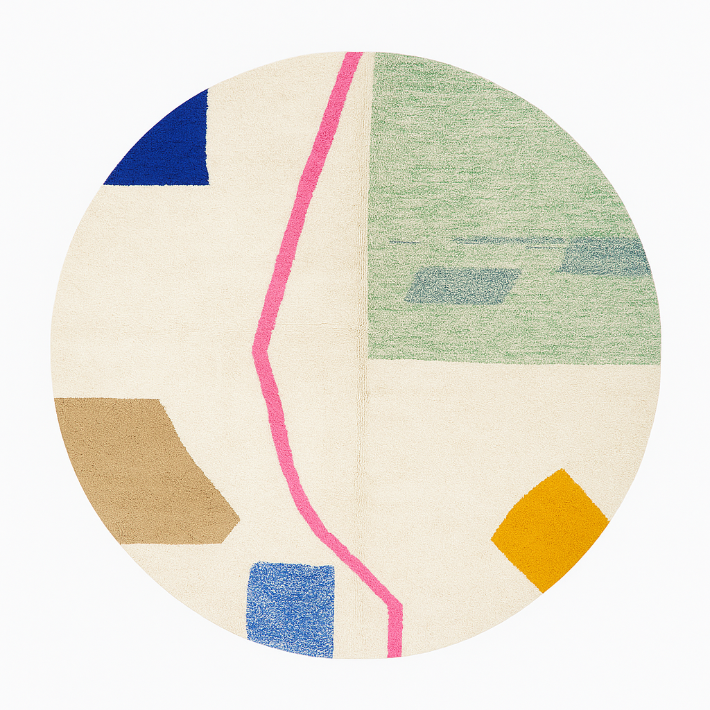 Round modern Moroccan wool rug with abstract pastel shapes and pink center line