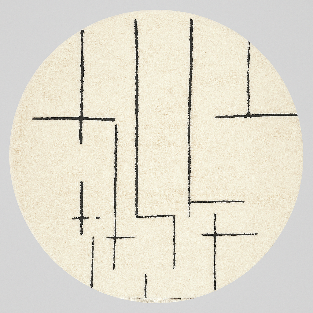 Round Moroccan rug with minimalist black abstract line pattern on a cream-white wool base