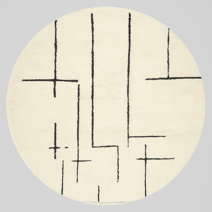 Round Moroccan rug with minimalist black abstract line pattern on a cream-white wool base