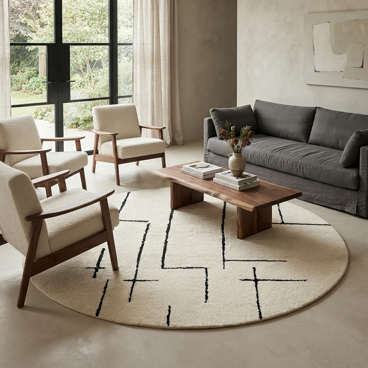 Round Moroccan rug with minimalist black abstract line pattern on a cream-white wool base