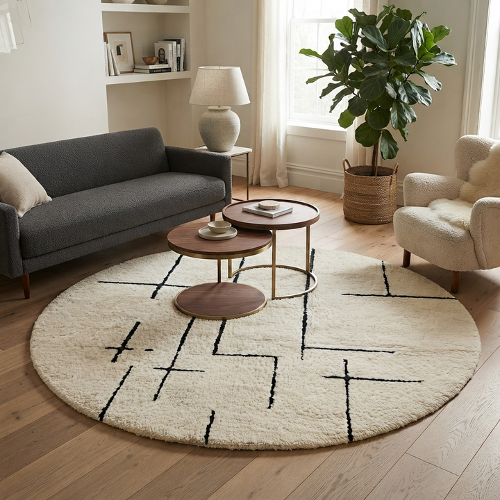 Round Moroccan rug with minimalist black abstract line pattern on a cream-white wool base