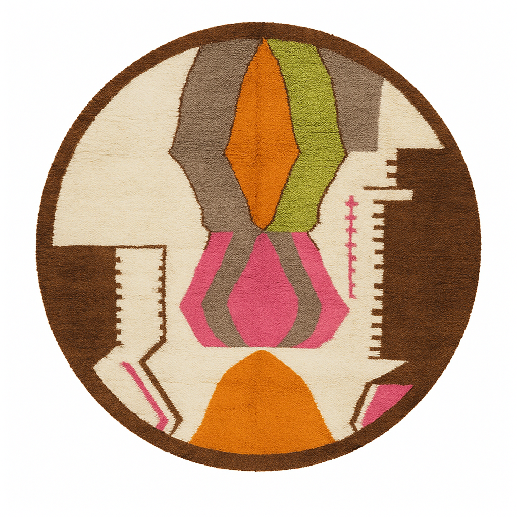 Round Moroccan rug with colorful abstract geometric design in pink, orange, green, grey, and brown on a white base.