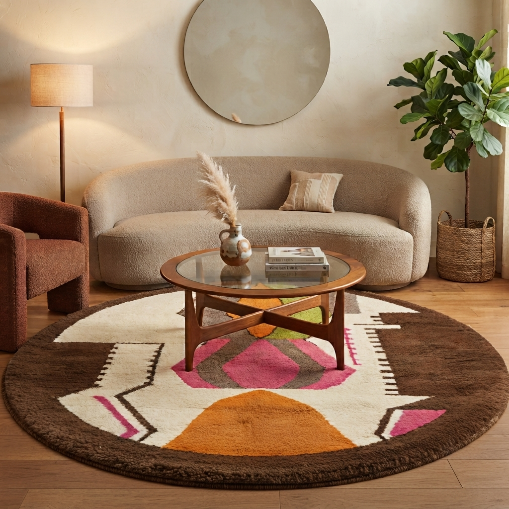 Round Moroccan rug with colorful abstract geometric design in pink, orange, green, grey, and brown on a white base.