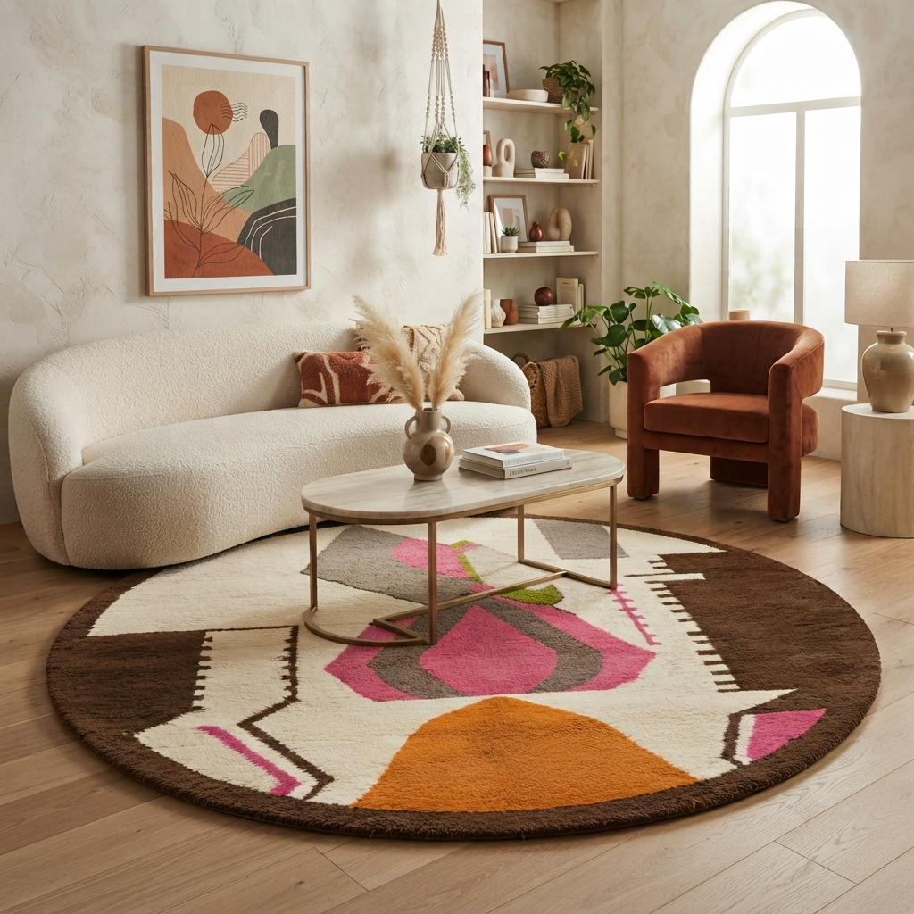 Round Moroccan rug with colorful abstract geometric design in pink, orange, green, grey, and brown on a white base.