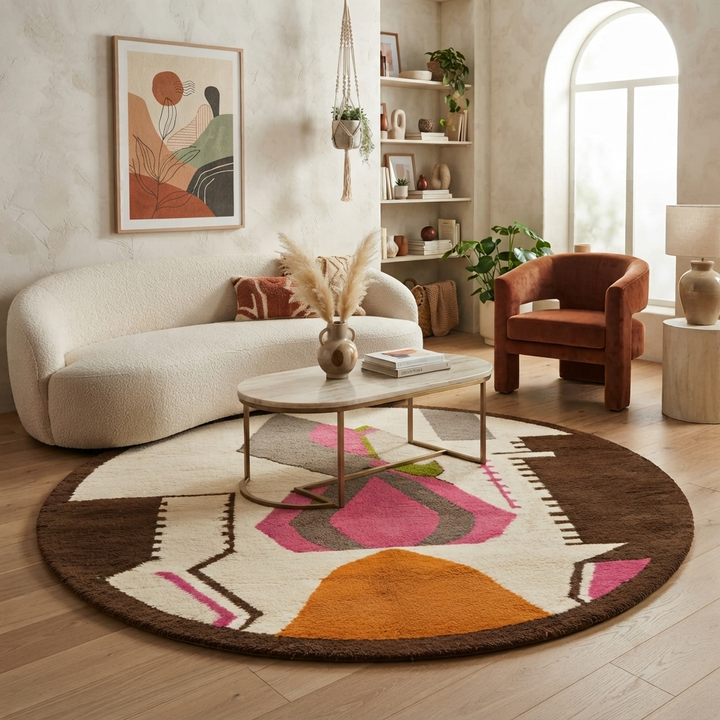 Round Moroccan rug with colorful abstract geometric design in pink, orange, green, grey, and brown on a white base.