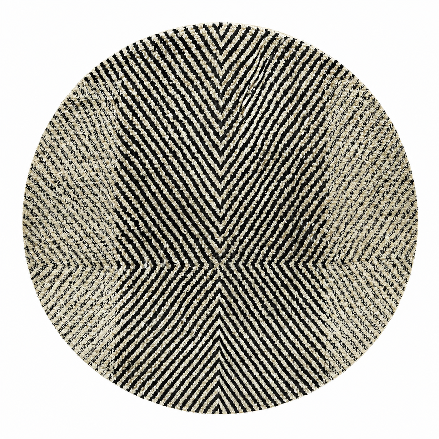 Handmade round Moroccan Berber rug in black and white with symmetrical tribal design