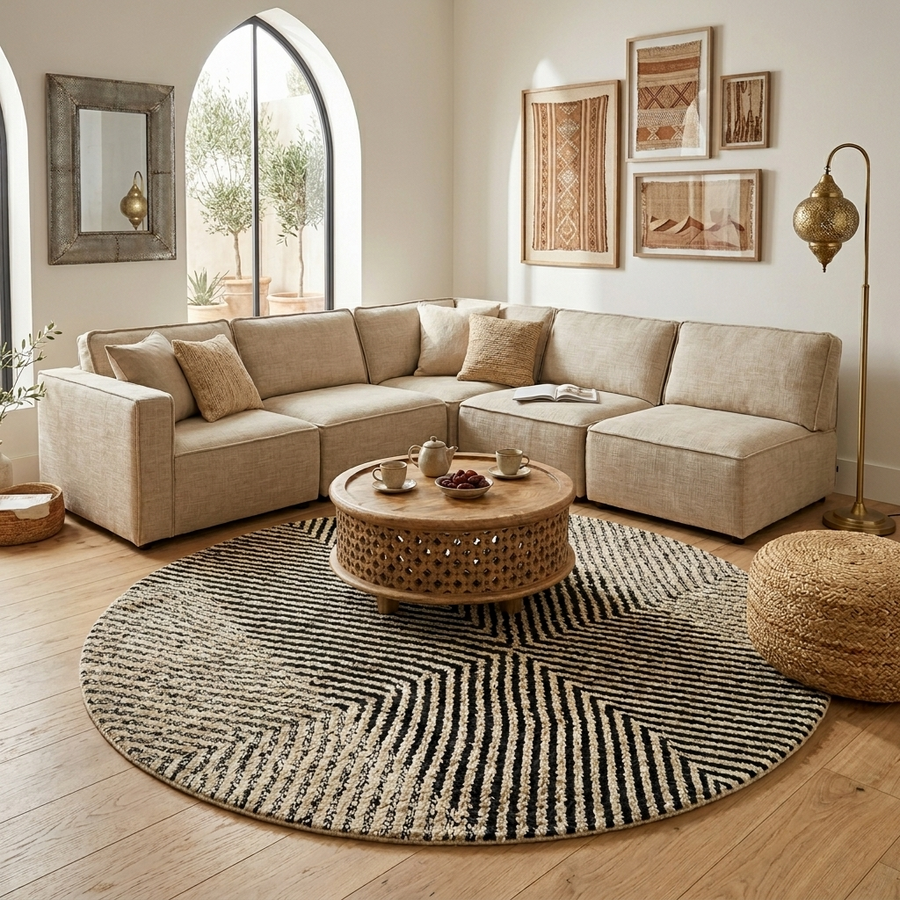 Handmade round Moroccan Berber rug in black and white with symmetrical tribal design