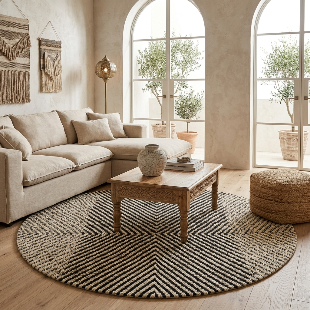 Handmade round Moroccan Berber rug in black and white with symmetrical tribal design