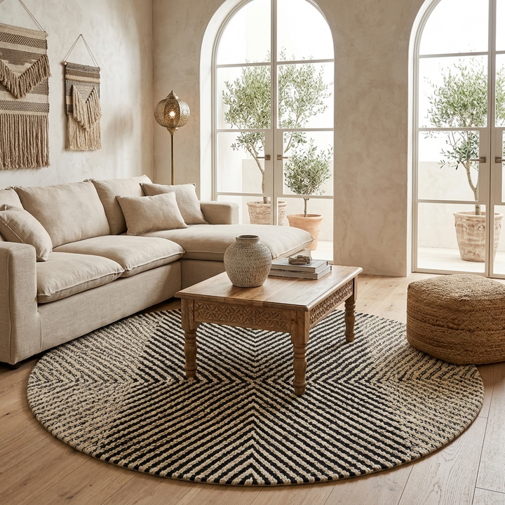 Handmade round Moroccan Berber rug in black and white with symmetrical tribal design