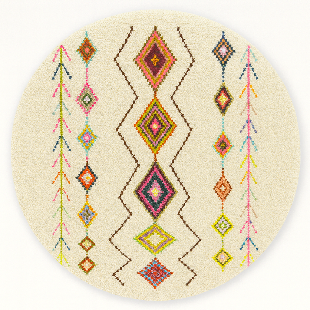 Round colorful Moroccan Berber rug with multicolor diamond motifs on a cream-white wool base