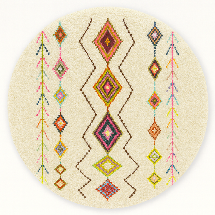 Round colorful Moroccan Berber rug with multicolor diamond motifs on a cream-white wool base