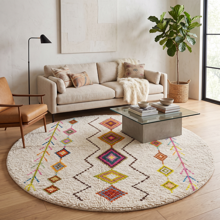 Round colorful Moroccan Berber rug with multicolor diamond motifs on a cream-white wool base