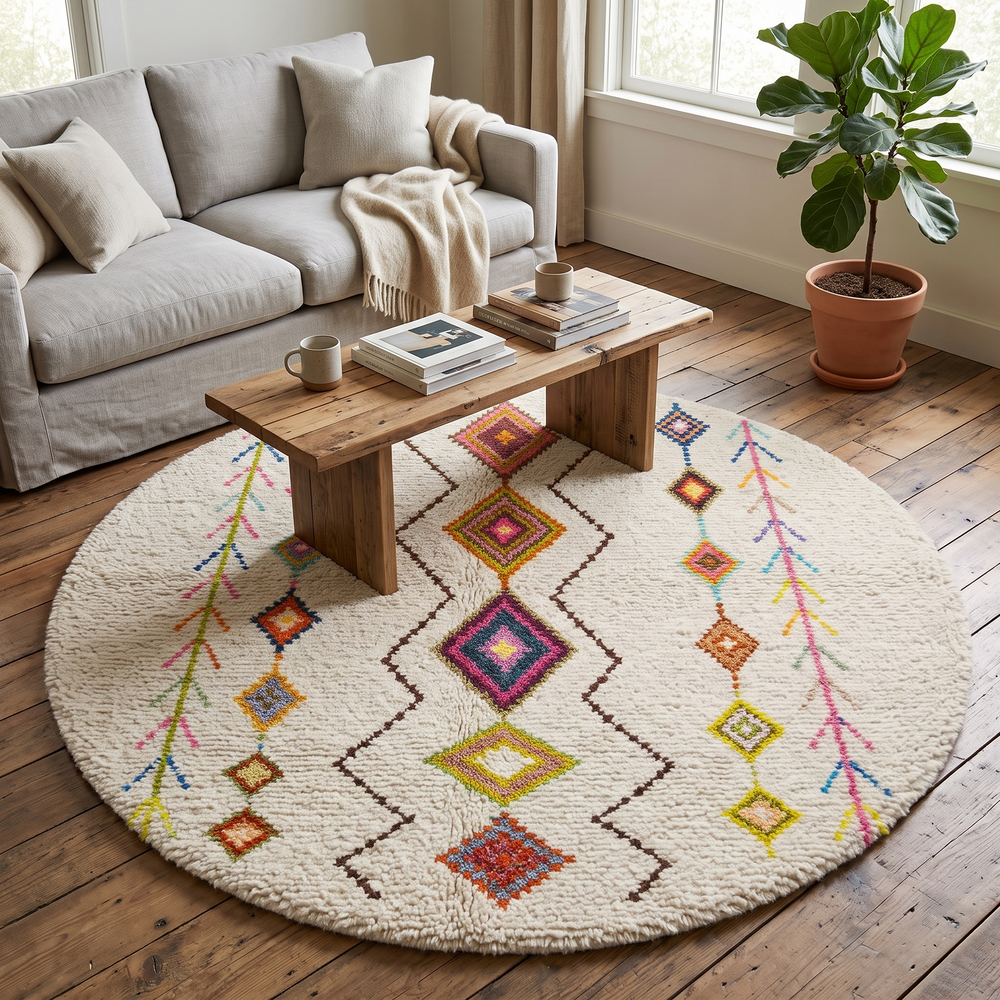 Round colorful Moroccan Berber rug with multicolor diamond motifs on a cream-white wool base