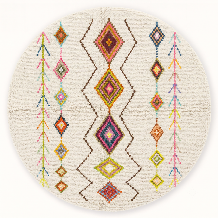Round colorful Moroccan Berber rug with multicolor diamond motifs on a cream-white wool base