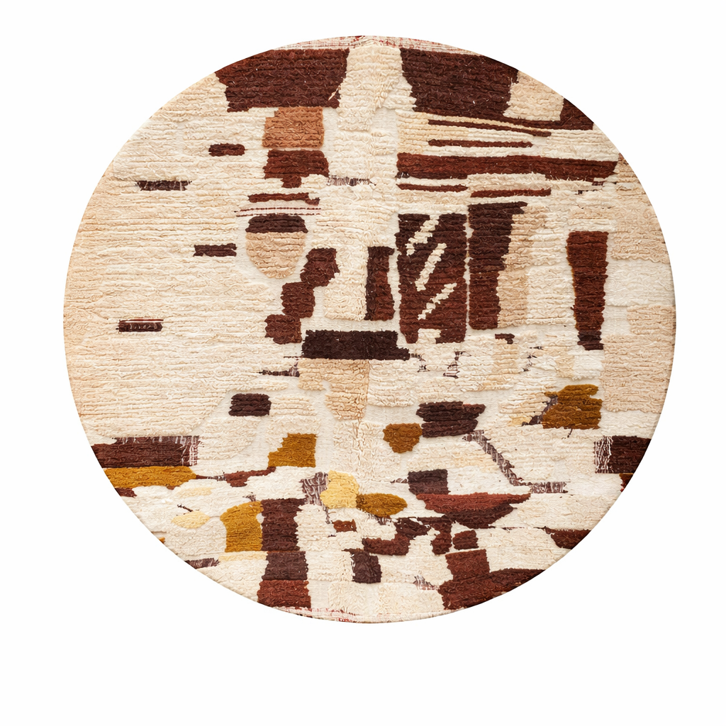 Round handmade Moroccan Berber rug in ivory and brown earth tones